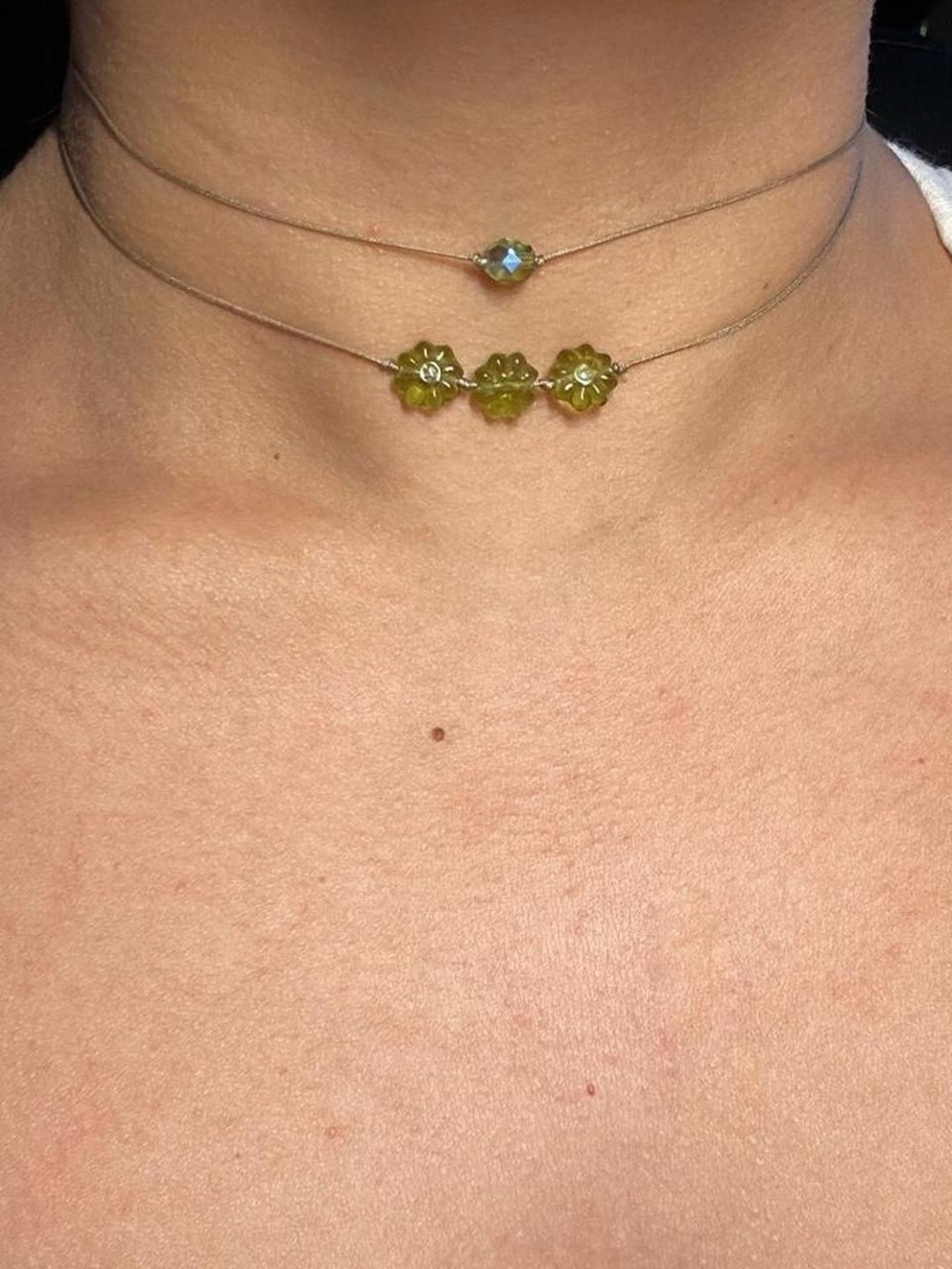 Hand Crafted czech glass Olive Green Double-Layer Flower Choker Necklace